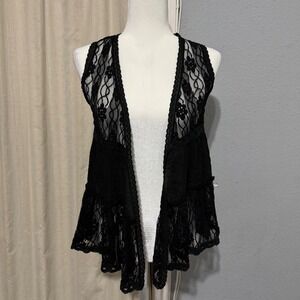 Ya Los Angeles Black Lace Tiered Ruffle Vest Kimono Style Size S Whimsigoth
